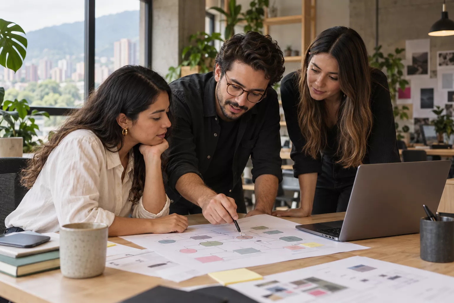 Tres profesionales revisando un diagrama de procesos junto a un portátil