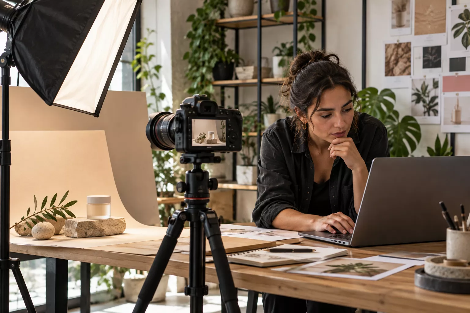 Mesa de producción con cámara y un producto listo para fotografiar