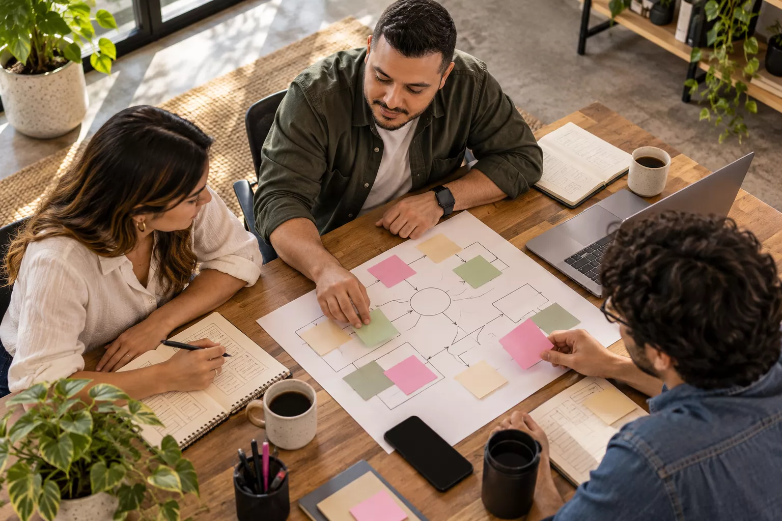 Tres profesionales organizando un flujo de trabajo con tarjetas sobre una mesa