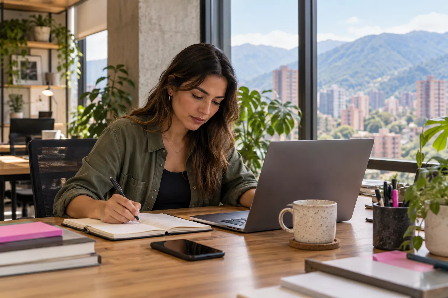 Profesional escribiendo junto a un portátil en una oficina con vistas a las montañas