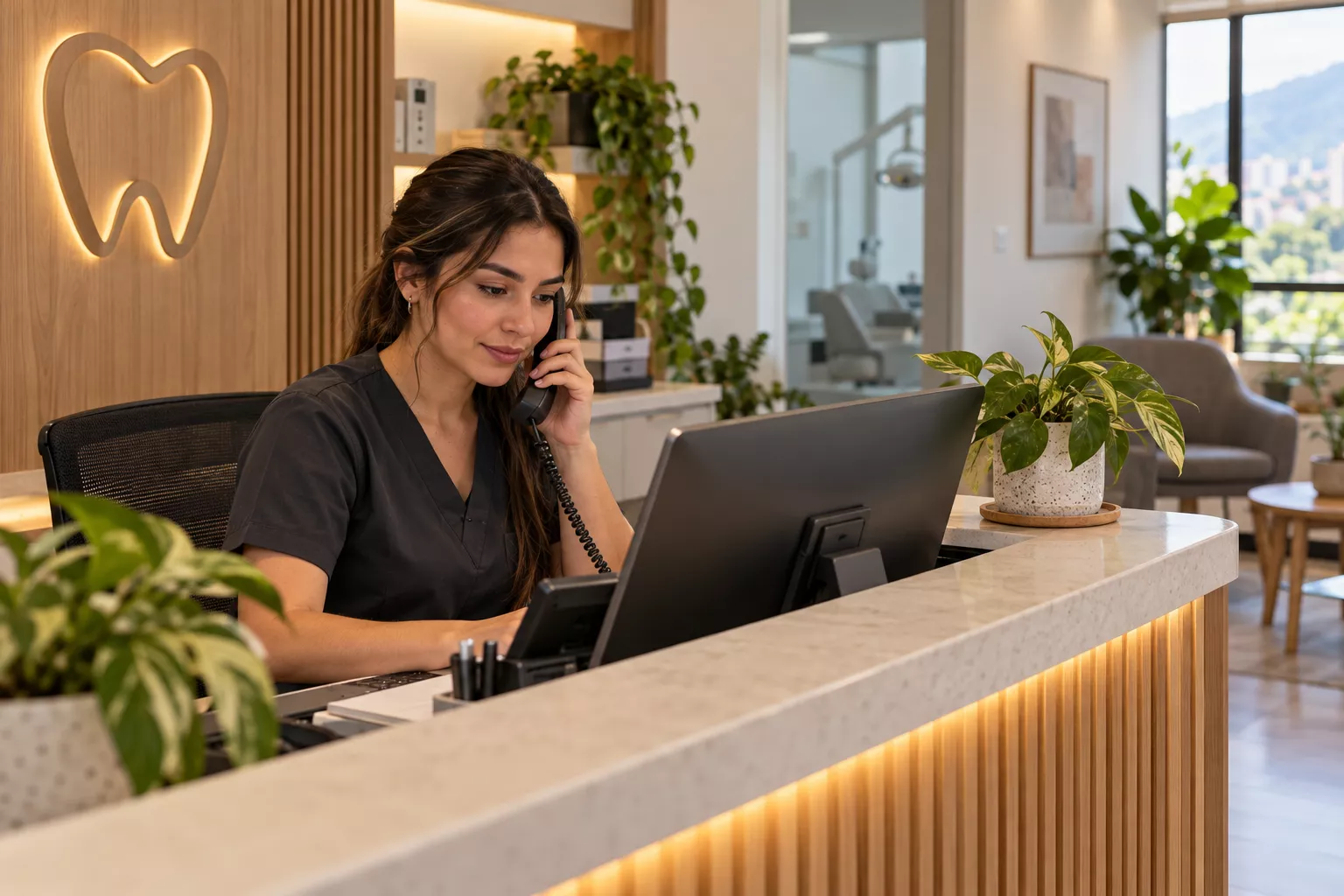 Recepcionista de una clínica odontológica atendiendo el teléfono junto a un computador