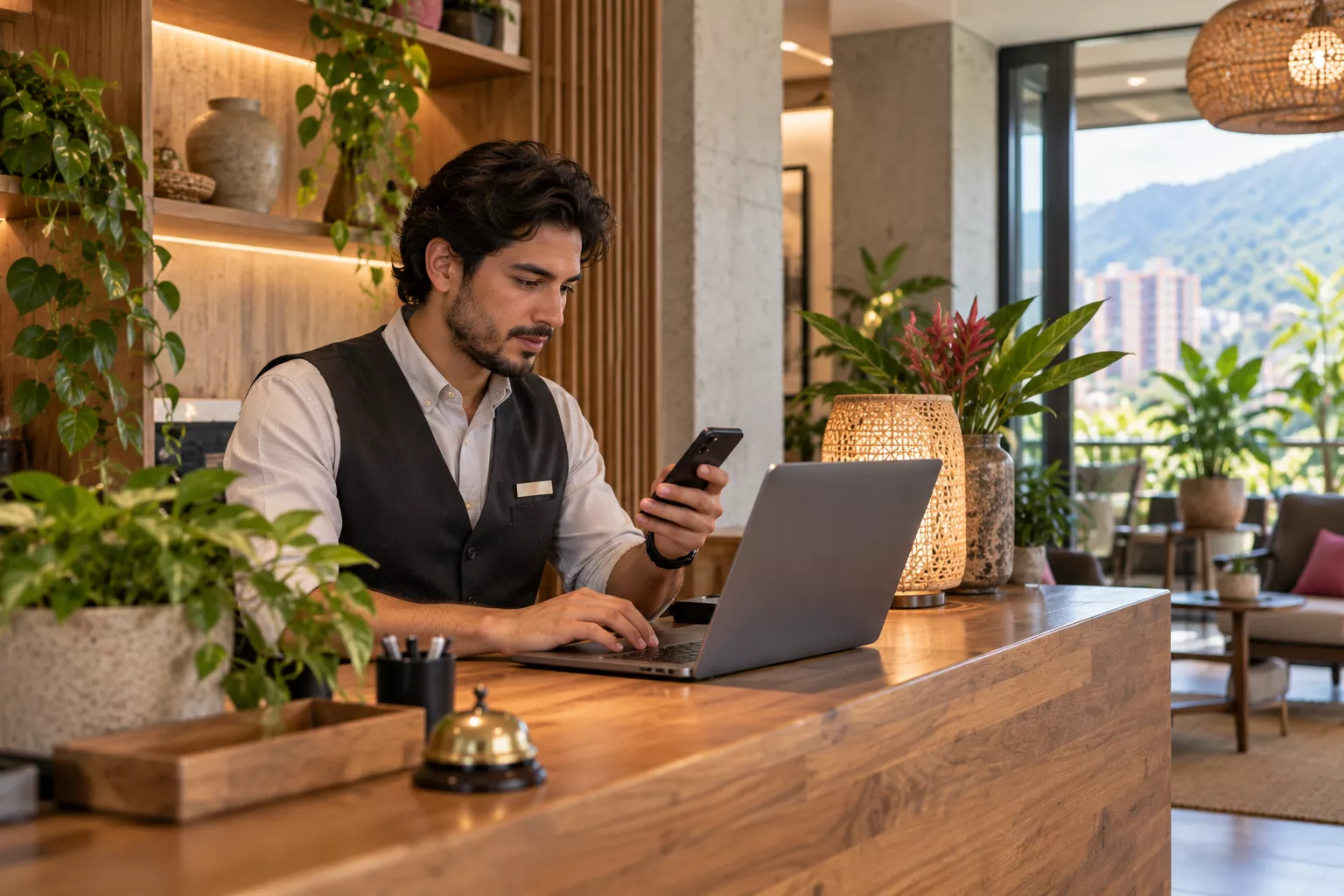 Recepcionista revisando un teléfono junto a un portátil en un vestíbulo con plantas